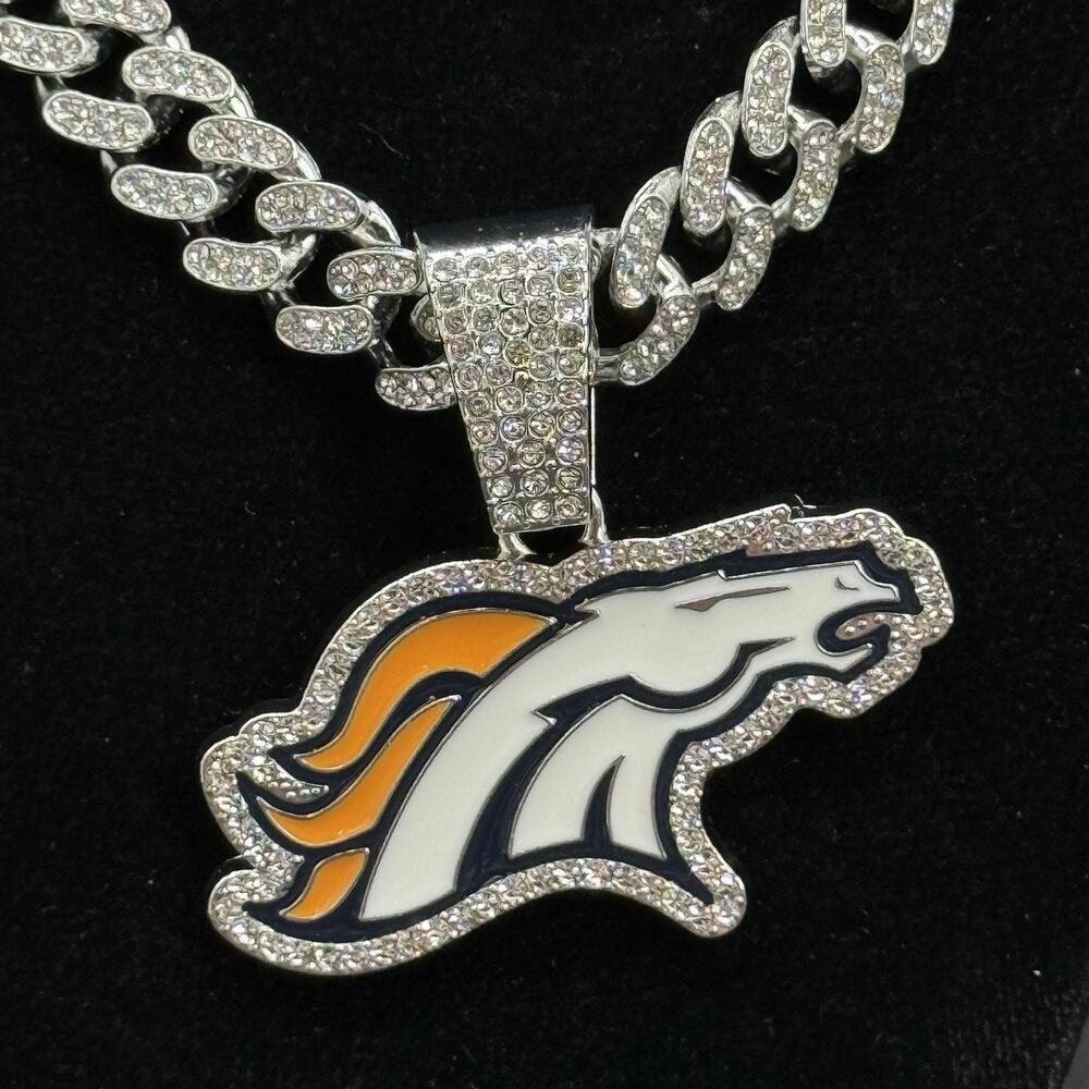 Denver Broncos Cuban Chain 18” Iced Out Pendant Silver Bling NFL Fan Necklace - Picture 2 of 8